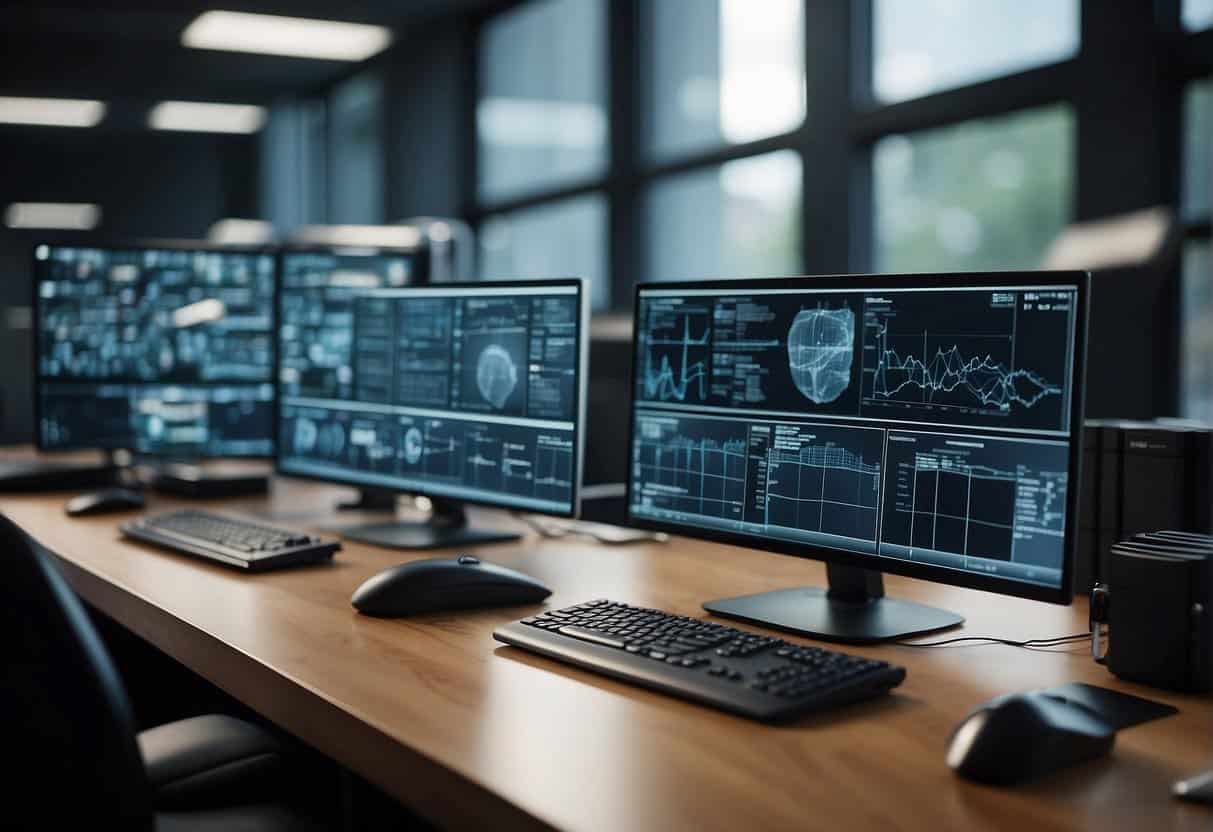 An office setting with AI technology integrated into various departments, with leaders overseeing and directing the implementation of AI initiatives