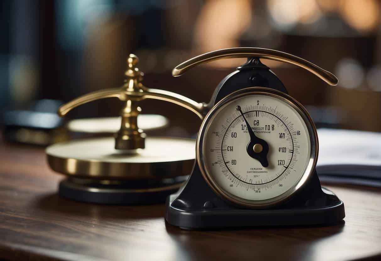 A scale weighing money against ethical principles, with a digital marketing strategy in the background