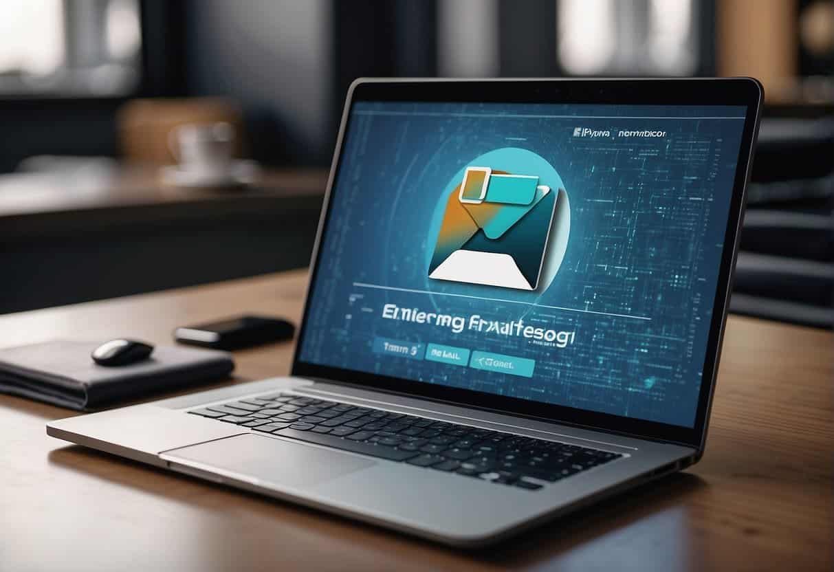 A laptop displaying email marketing campaigns next to a scale symbolizing compliance ethics for law firms