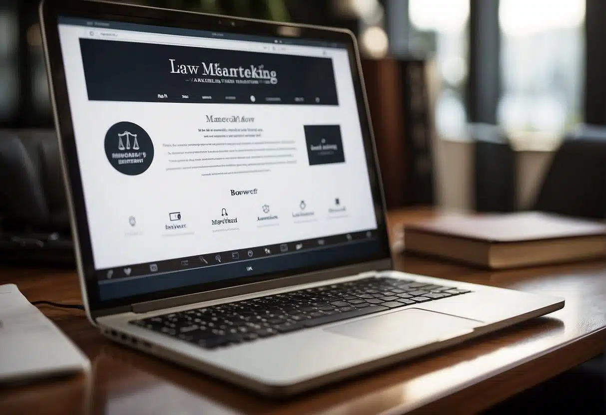 Law firm logo on a computer screen with ethical content marketing displayed. Books on digital marketing and ethics in the background