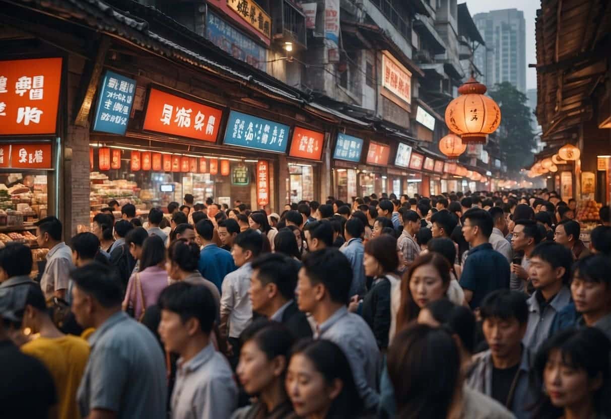 A bustling digital marketplace in China, featuring various sales channels and social commerce platforms. Consumers engaging in online shopping and interacting with brands