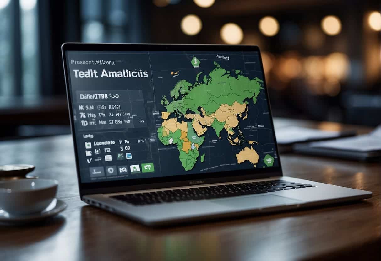 A laptop displaying data analytics with a map of Ireland, surrounded by business logos and customer icons