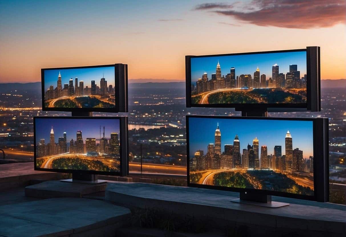 A vibrant city skyline with digital billboards and screens, surrounded by diverse landscapes and ecosystems, showcasing the interconnectedness of digital marketing trends across the USA