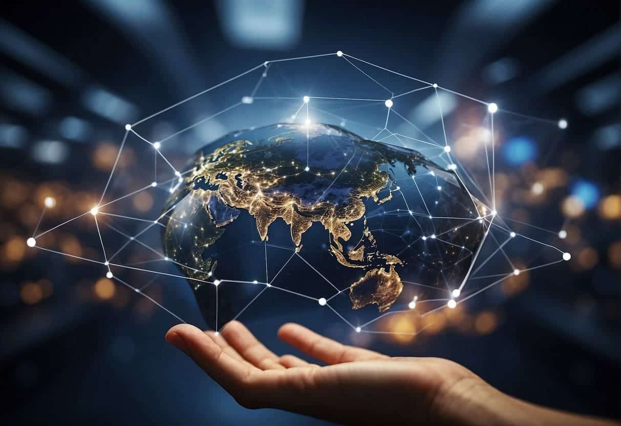 A network of global shipping routes connects to a digital marketing hub, reaching customers worldwide