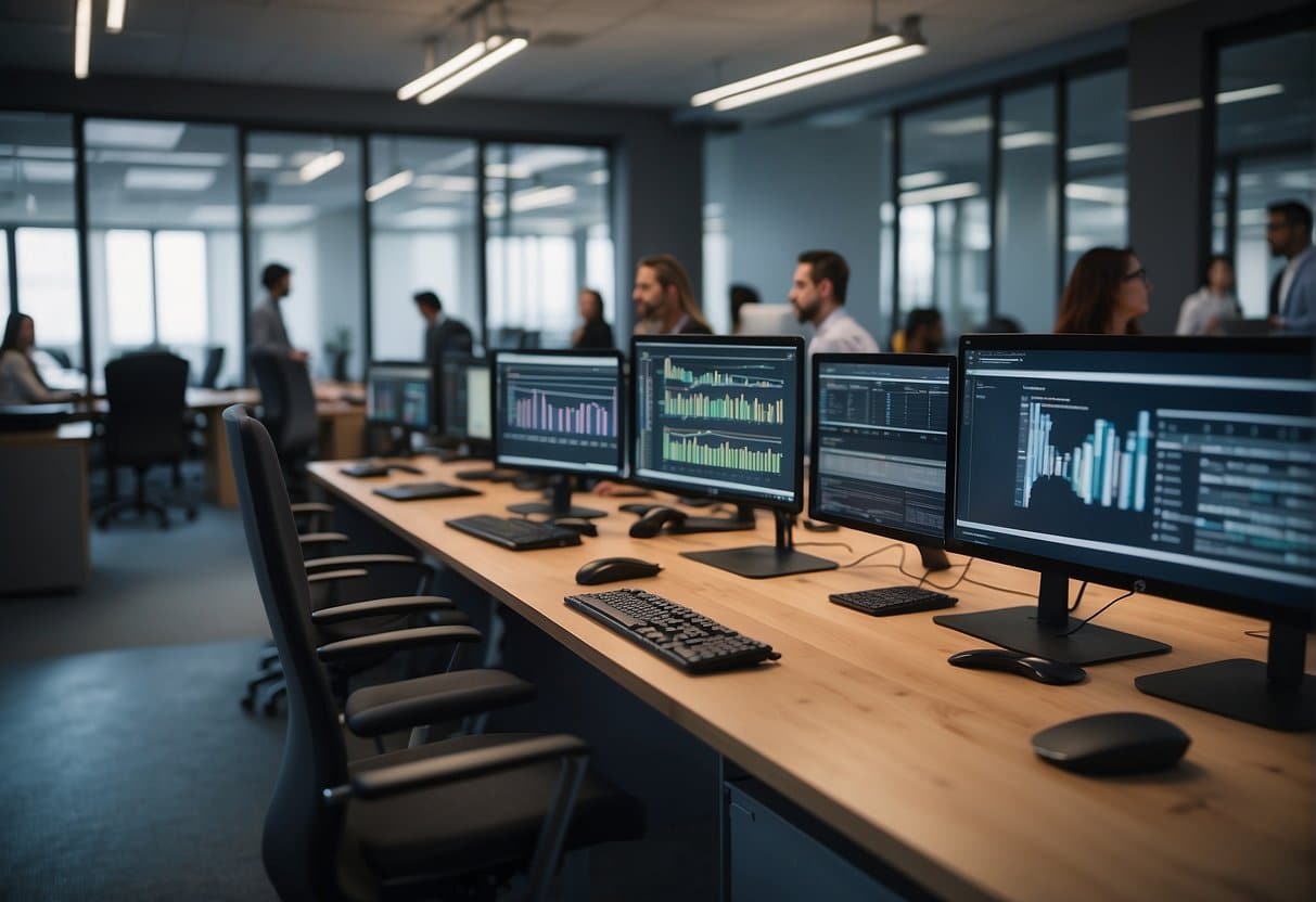 An office setting with AI technology integrated into everyday tasks. Employees engaged in continuous learning through online courses and workshops