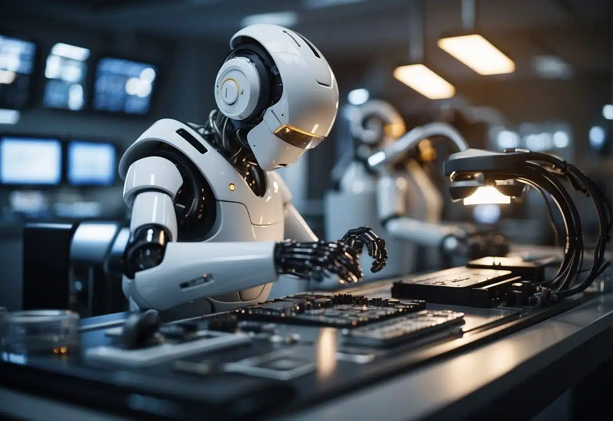 A futuristic AI robot creating and testing new algorithms in a high-tech laboratory setting, surrounded by cutting-edge technology and research materials
