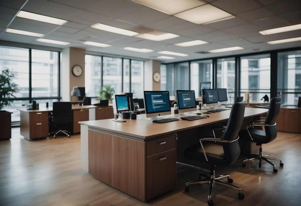 Modern law office with LegalTech tools, lawyers and clients engaging. Digital platforms enhancing communication and efficiency
