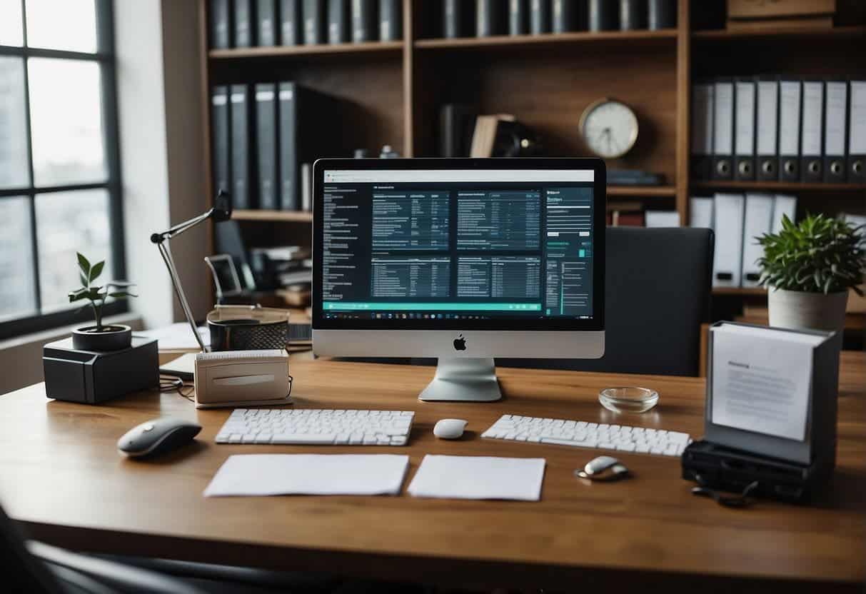 A lawyer's desk with a computer displaying legal tech tools, files neatly organized, and a phone showing client engagement software