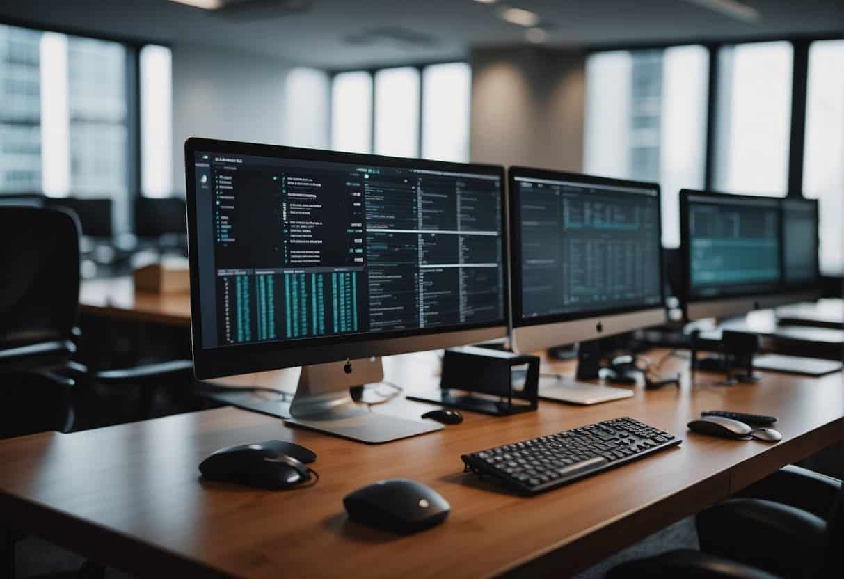A law firm office with LegalTech tools on desks, lawyers using software to streamline tasks, and client data being organized for improved communication
