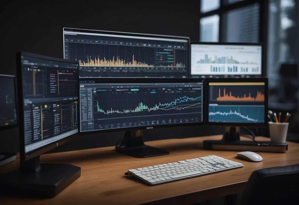 A desk with a computer, charts, and graphs. A person analyzing data and generating reports for small and medium-sized businesses