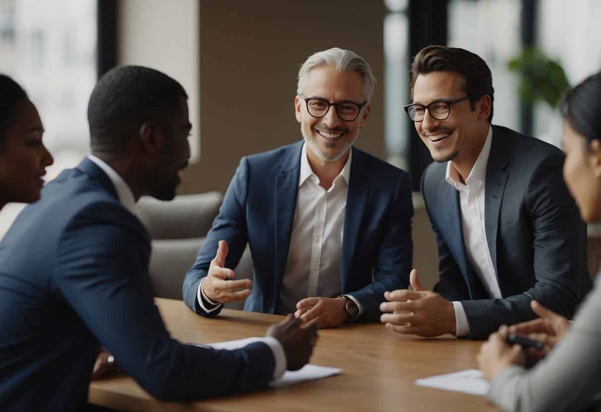 A diverse group of people engage in conversation, exchanging cultural symbols and gestures. Global business materials are being adapted and translated to suit various cultural contexts