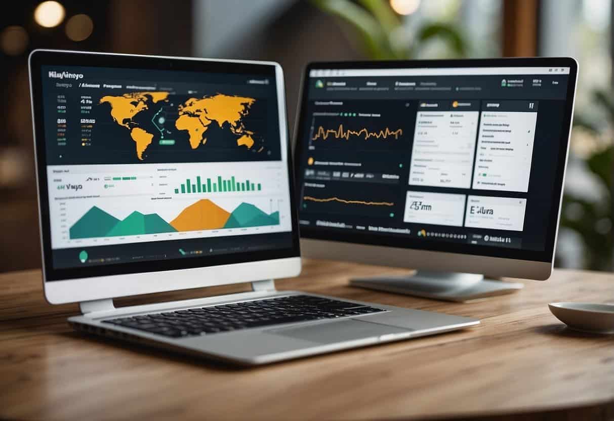 A split-screen comparison of Klaviyo and Mailchimp dashboards, with graphs and charts showing email deliverability and performance metrics for e-commerce businesses