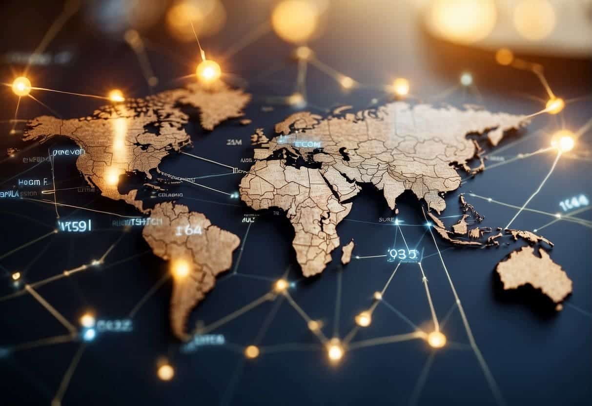 Various regions connected by arrows. Each region labeled with keywords. E-commerce sites depicted in each region