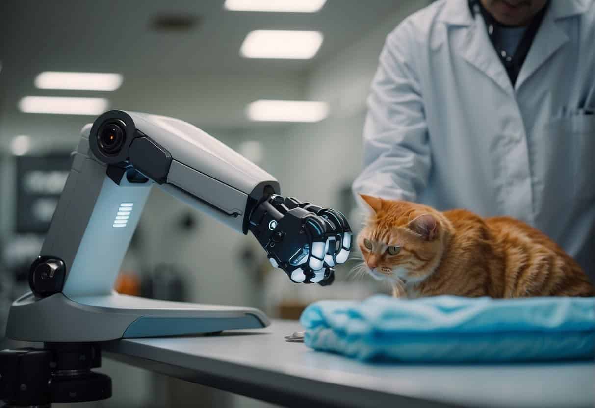 A robotic arm administers medication to a cat while a drone delivers medical supplies to a veterinary clinic