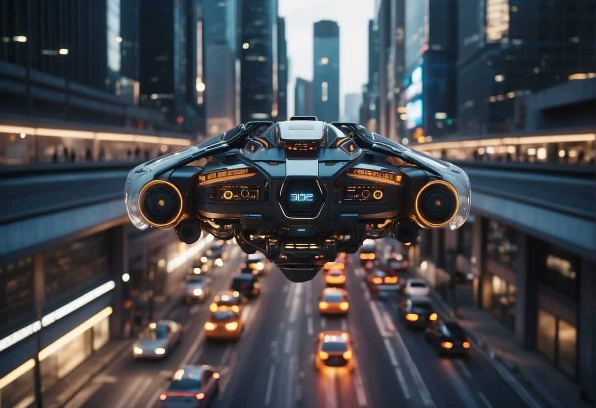 A futuristic cityscape with AI technology integrated into everyday life. Advanced robots and intelligent systems coexist with traditional infrastructure