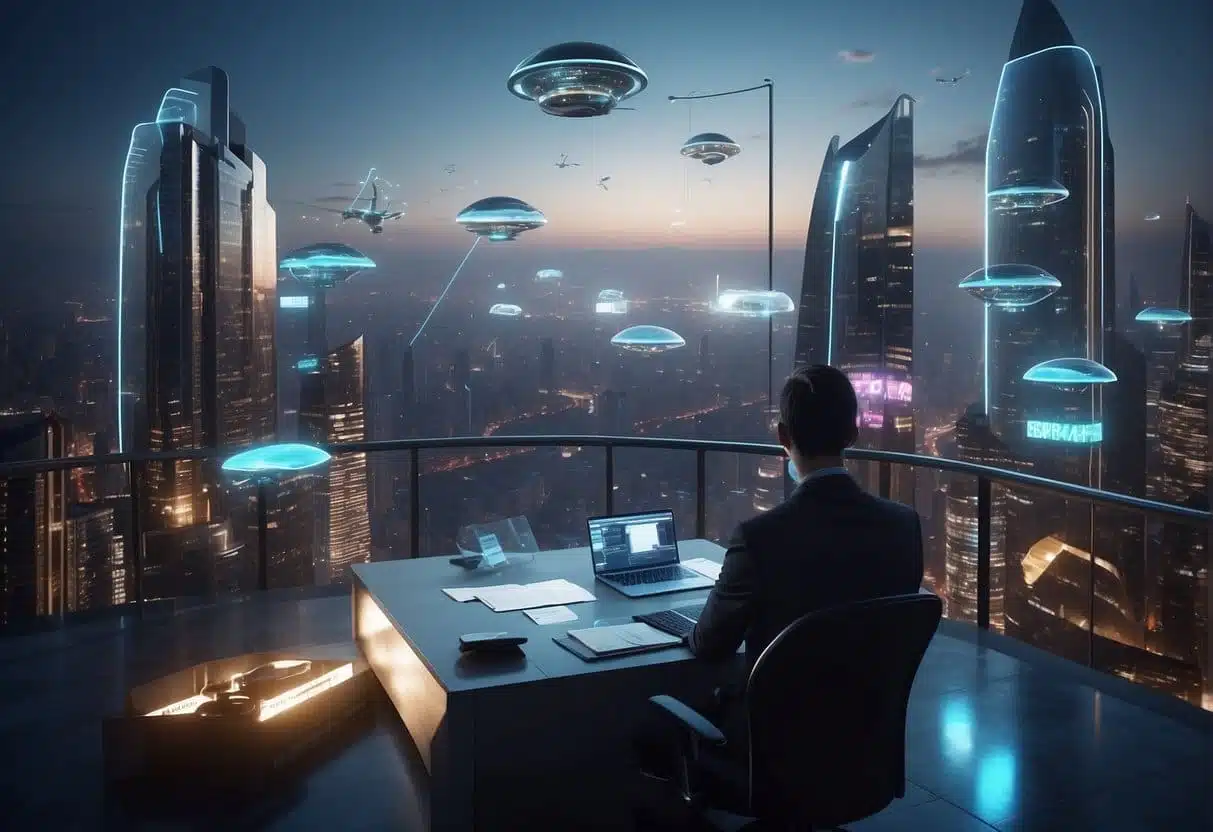 A futuristic city skyline with AI regulation documents floating in the air, while robotic drones monitor and enforce compliance