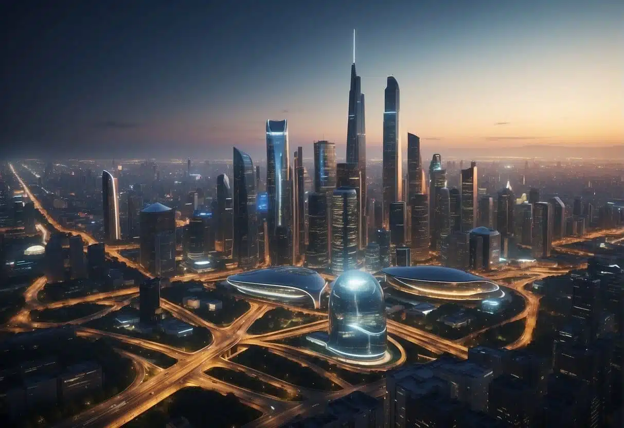 A bustling city skyline with futuristic buildings, AI-powered vehicles, and data centers, symbolizing the collaboration between private entities and think tanks in shaping future AI legislation