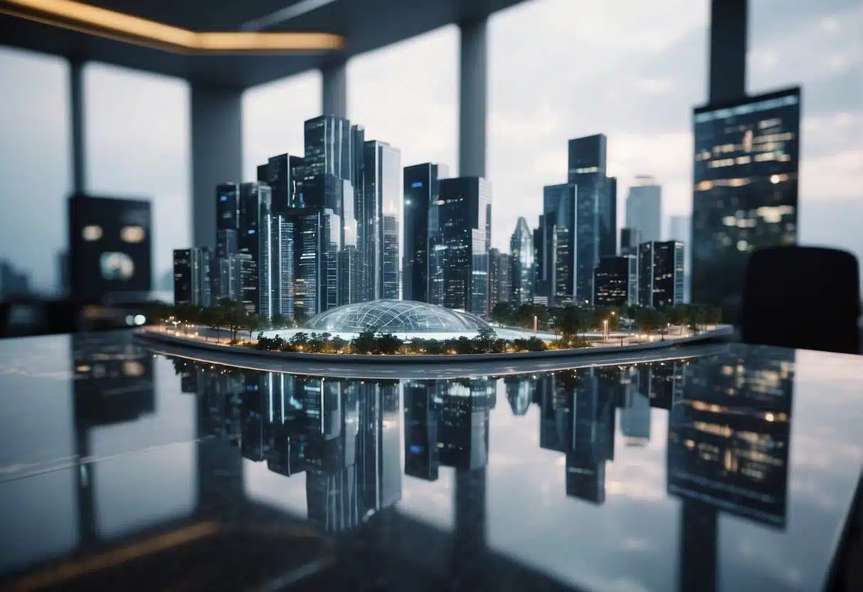 AI legislation trends: A futuristic city skyline with AI-powered vehicles and smart buildings. A team of lawmakers discussing new regulations in a high-tech conference room