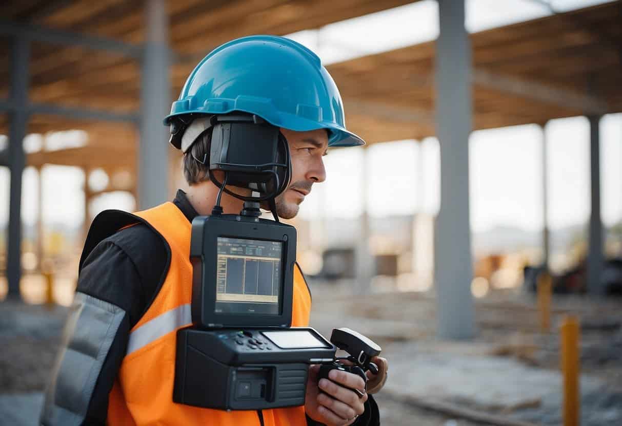 A construction site with AI technology monitoring equipment and processes for improved project management and safety