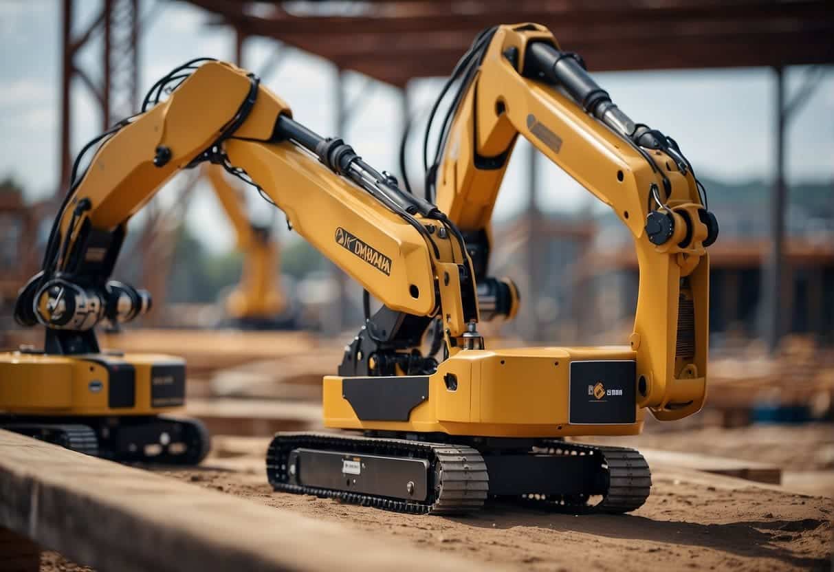 Robotic arms assemble steel beams at a construction site, while drones monitor progress and safety measures