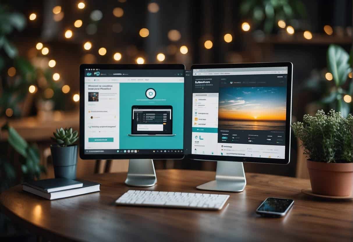 A split-screen comparison of Klaviyo and Mailchimp interfaces, with e-commerce data and customer profiles on one side, and marketing automation tools on the other
