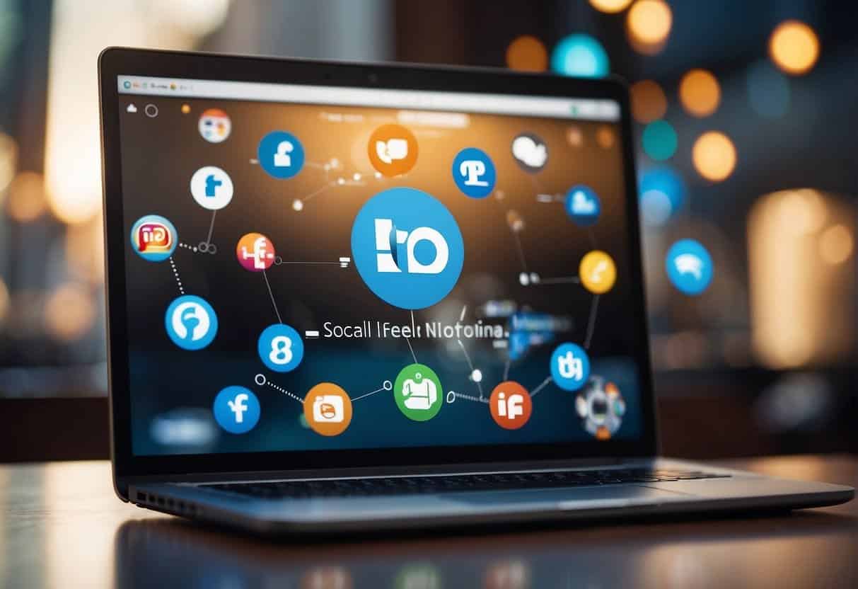 A laptop displaying social media icons with a bank logo in the background, while search engine optimization keywords float around it