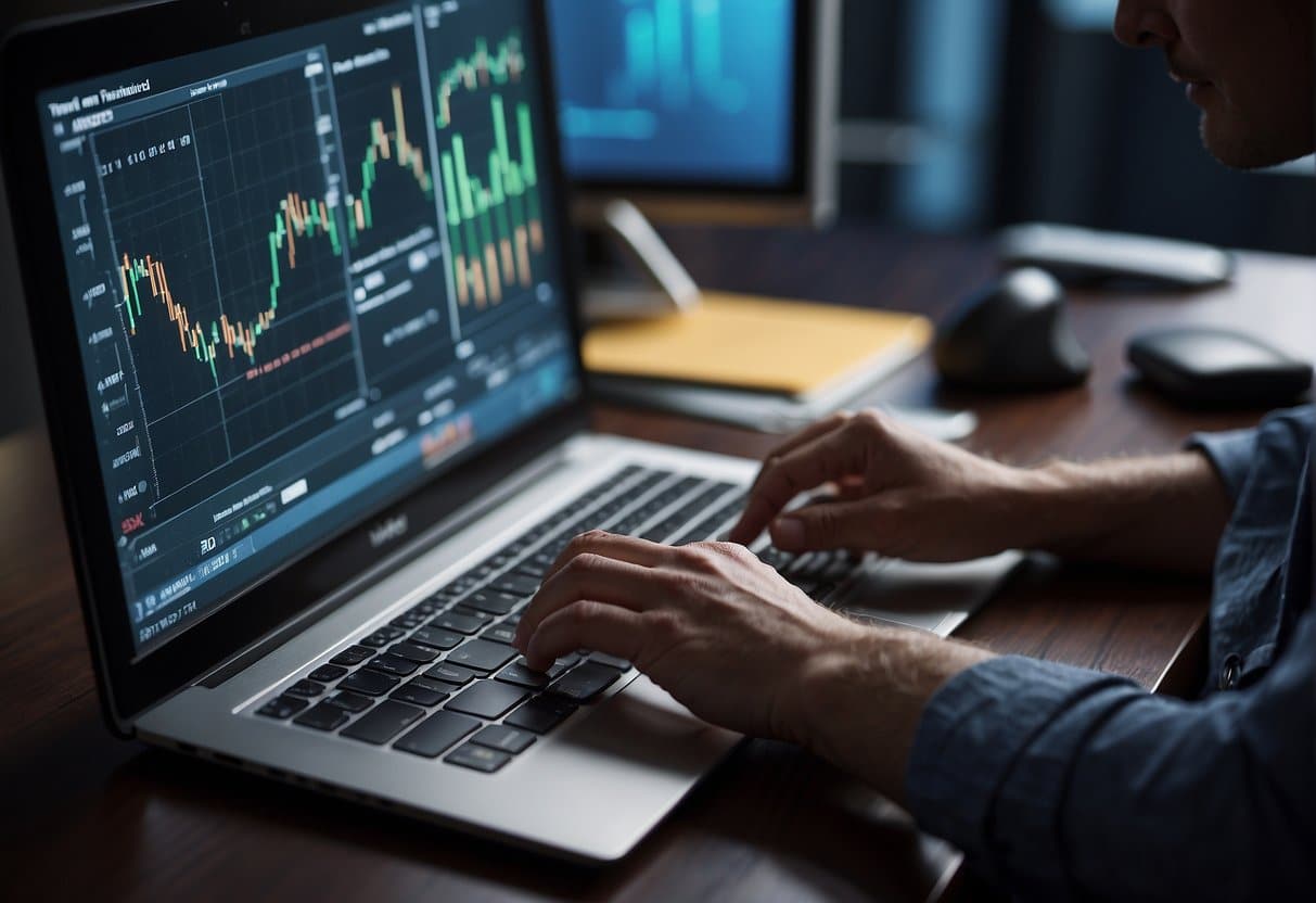 A person analyzing data on a computer screen, adjusting strategies for banking SEO