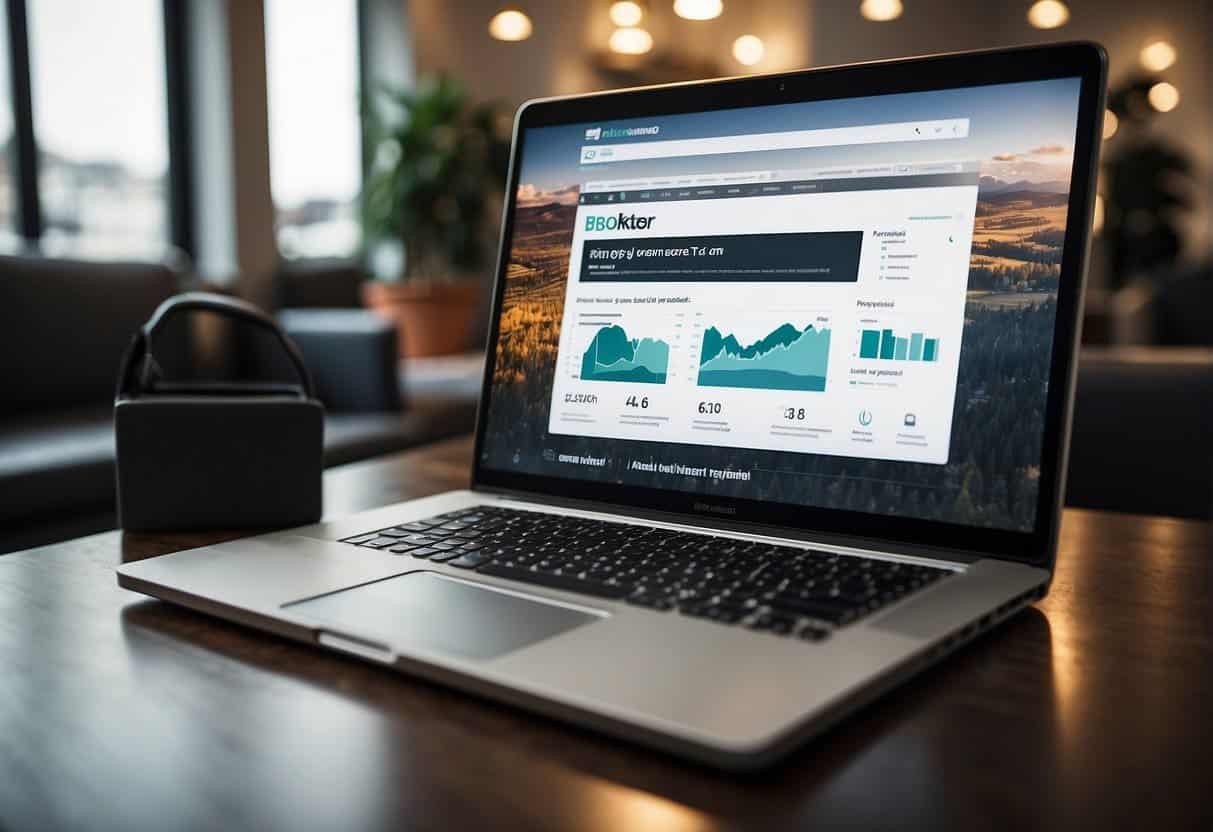 A laptop displaying a bank's website with various SEO keywords and content strategy charts in the background