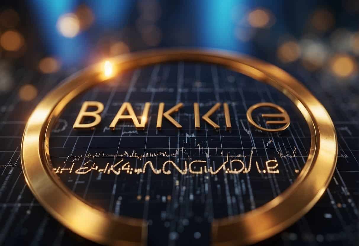Banking institution logo atop a rising trend line, surrounded by SEO keywords and data analytics graphs