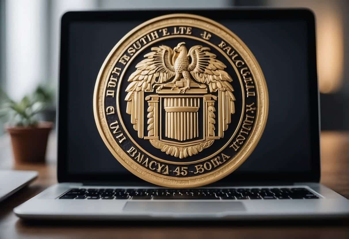 A bank logo is prominently displayed on a webpage, surrounded by various high-quality backlinks from reputable financial websites. The page exudes authority and trustworthiness, with strong SEO elements