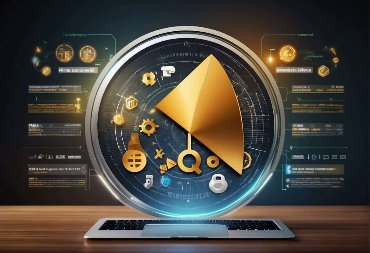 Banking institution logo surrounded by SEO keywords, charts, and graphs. Digital devices displaying FAQ pages and search engine results