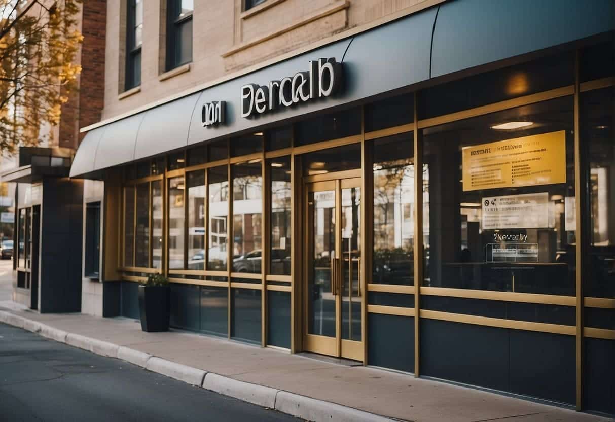 A bank branch with a prominent sign, surrounded by local landmarks and businesses, with visible search engine results and map listings for the branch's location