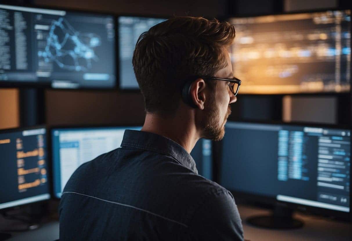A person at a computer, choosing live chat software. Screens show options and best practices