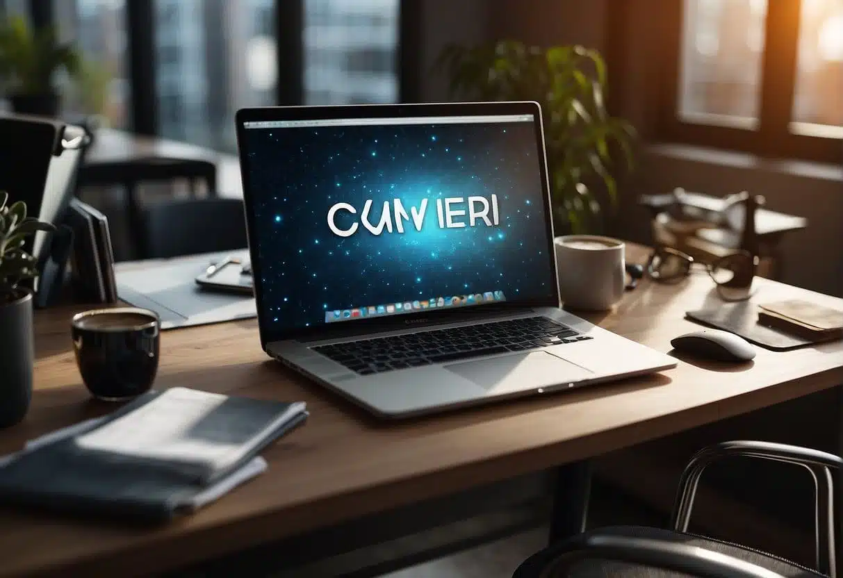 An office desk with a computer, coffee mug, and Canva software open. A SME logo being designed with various graphic elements