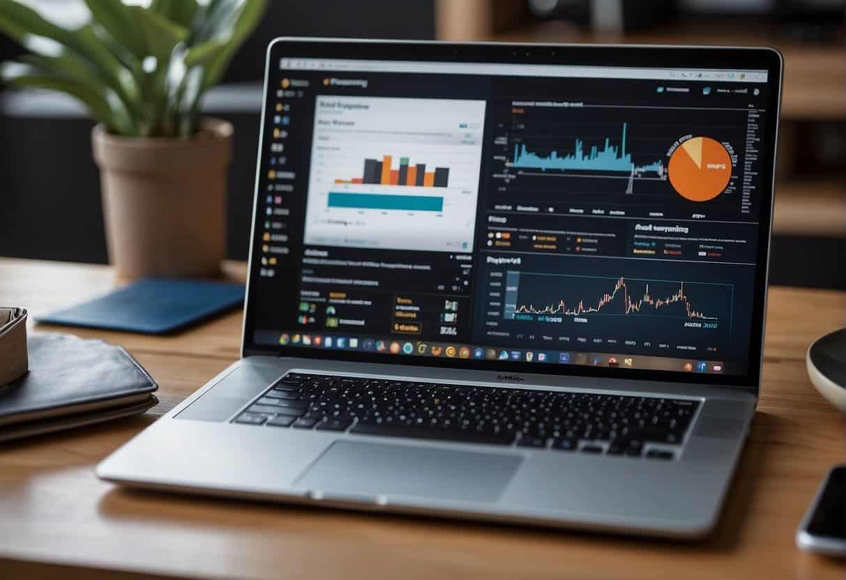 A laptop displaying various online ad platforms, surrounded by digital marketing tools and graphs