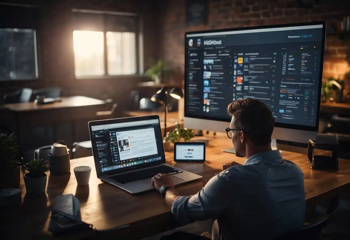 A small business owner sits at a desk, typing on a laptop with various social media icons displayed on the screen. A chart showing online advertising strategies hangs on the wall