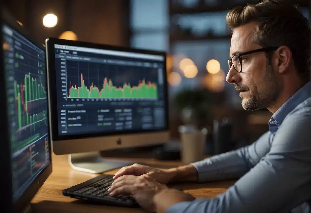 A small business owner looks at a computer screen showing website traffic, sales data, and advertising costs. A chart displays the return on investment