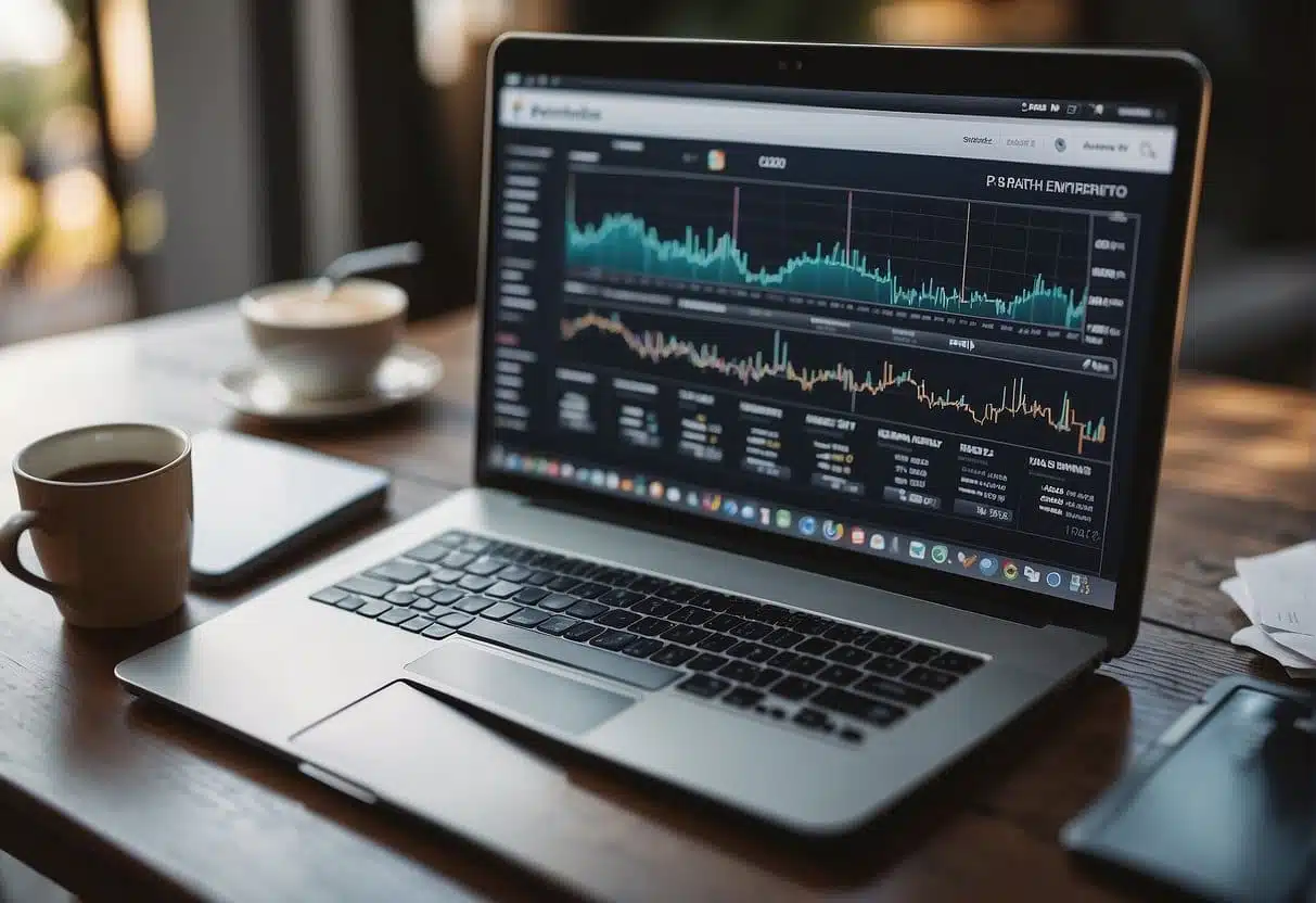 A computer displaying various online ads, with a small business logo in the corner. Graphs and charts show ad performance