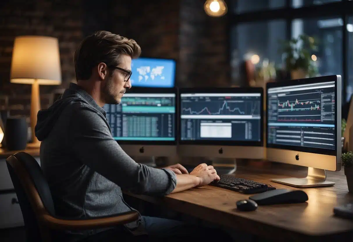 A small business owner types on a computer, surrounded by online advertising materials and charts