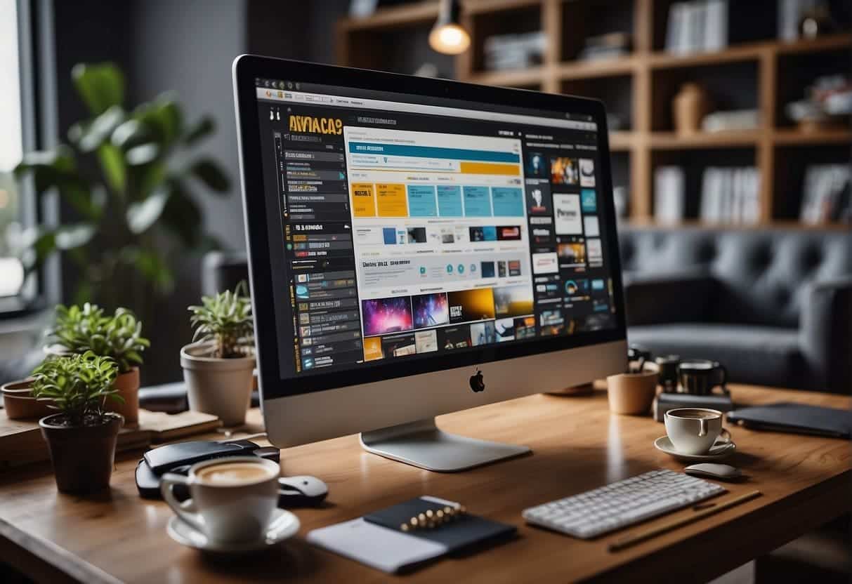 A computer screen displaying online advertising tools and small business logos, surrounded by creative materials and a brainstorming notebook