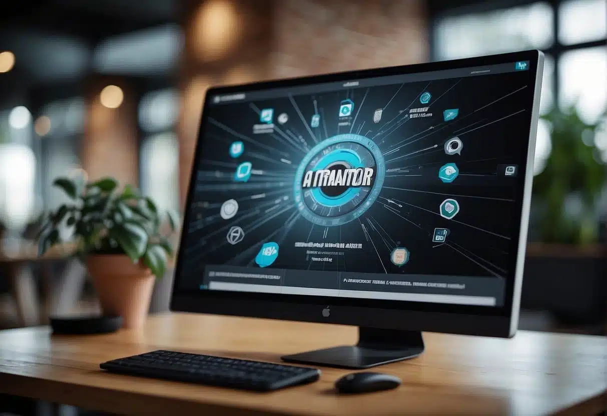 A computer screen displaying an online advertisement with a small business logo, captivating imagery, and clear call-to-action. A diverse group of potential customers engaged and interacting with the ad