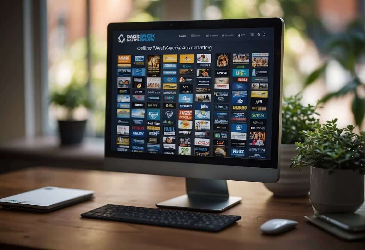 A computer screen displaying various online advertising models with small business logos and text explaining the basics of online advertising