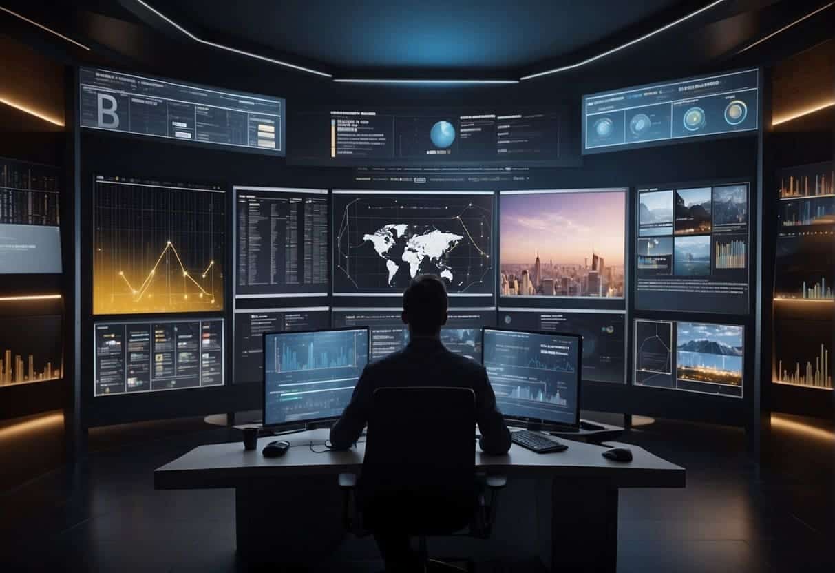A computer screen displays targeted channels and customer personas for website customization. Data charts and graphs surround the screen, illustrating engagement strategies