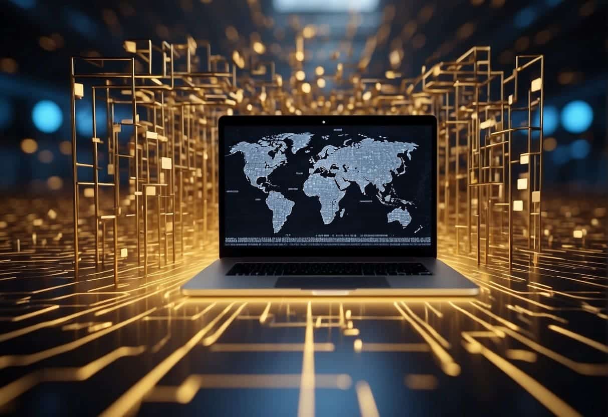 An ecommerce platform surrounded by a maze of data privacy laws, with a clear path being navigated through the complex network