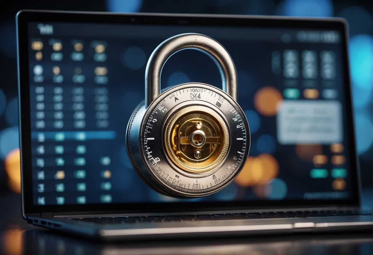 A computer screen displaying a lock icon surrounded by various data privacy laws and regulations. A scale symbolizing consumer trust is tipping in favor of the lock