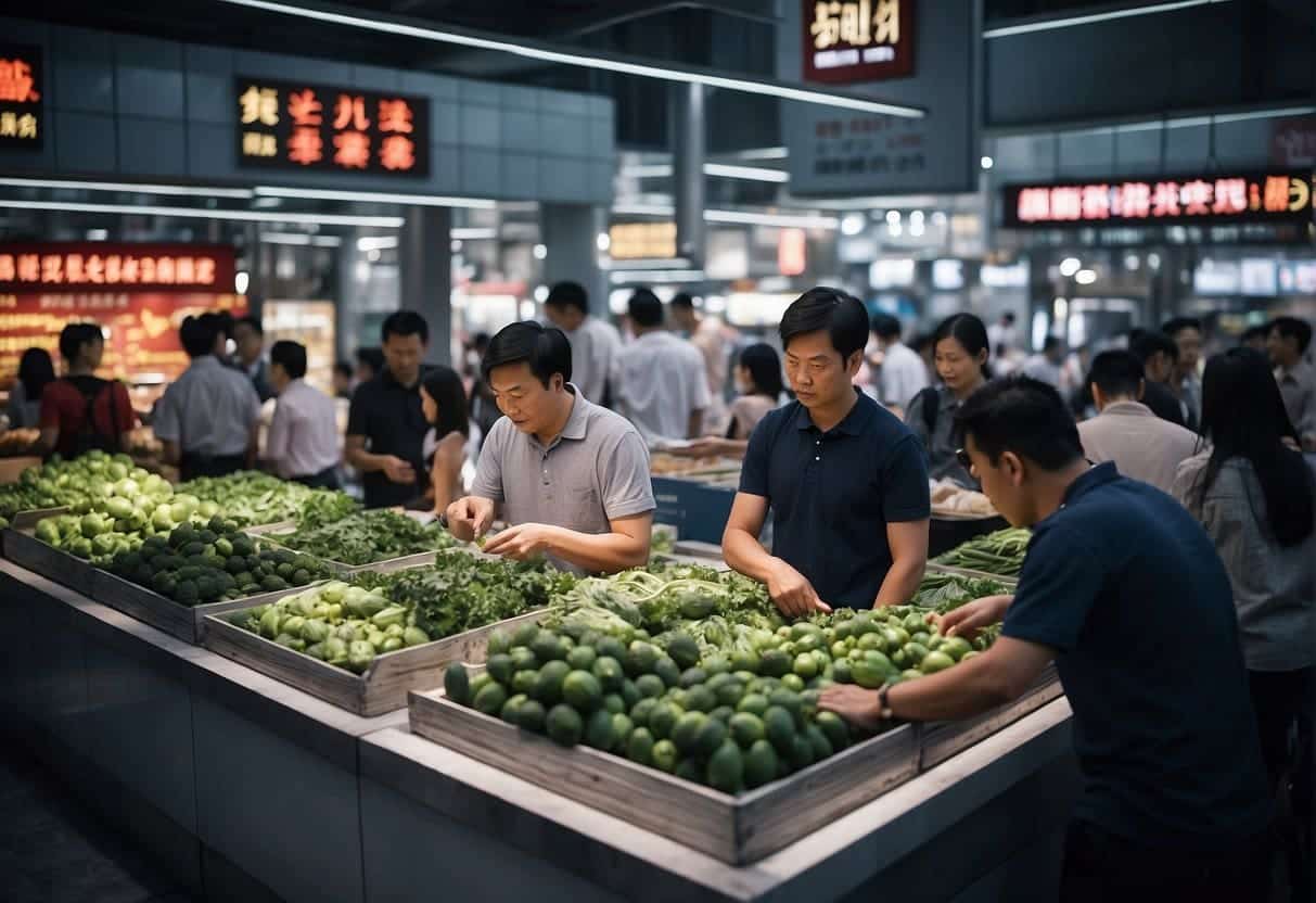A bustling digital marketplace in China, with various platforms and consumer interactions. Data and technology are at the forefront, with a dynamic and fast-paced energy