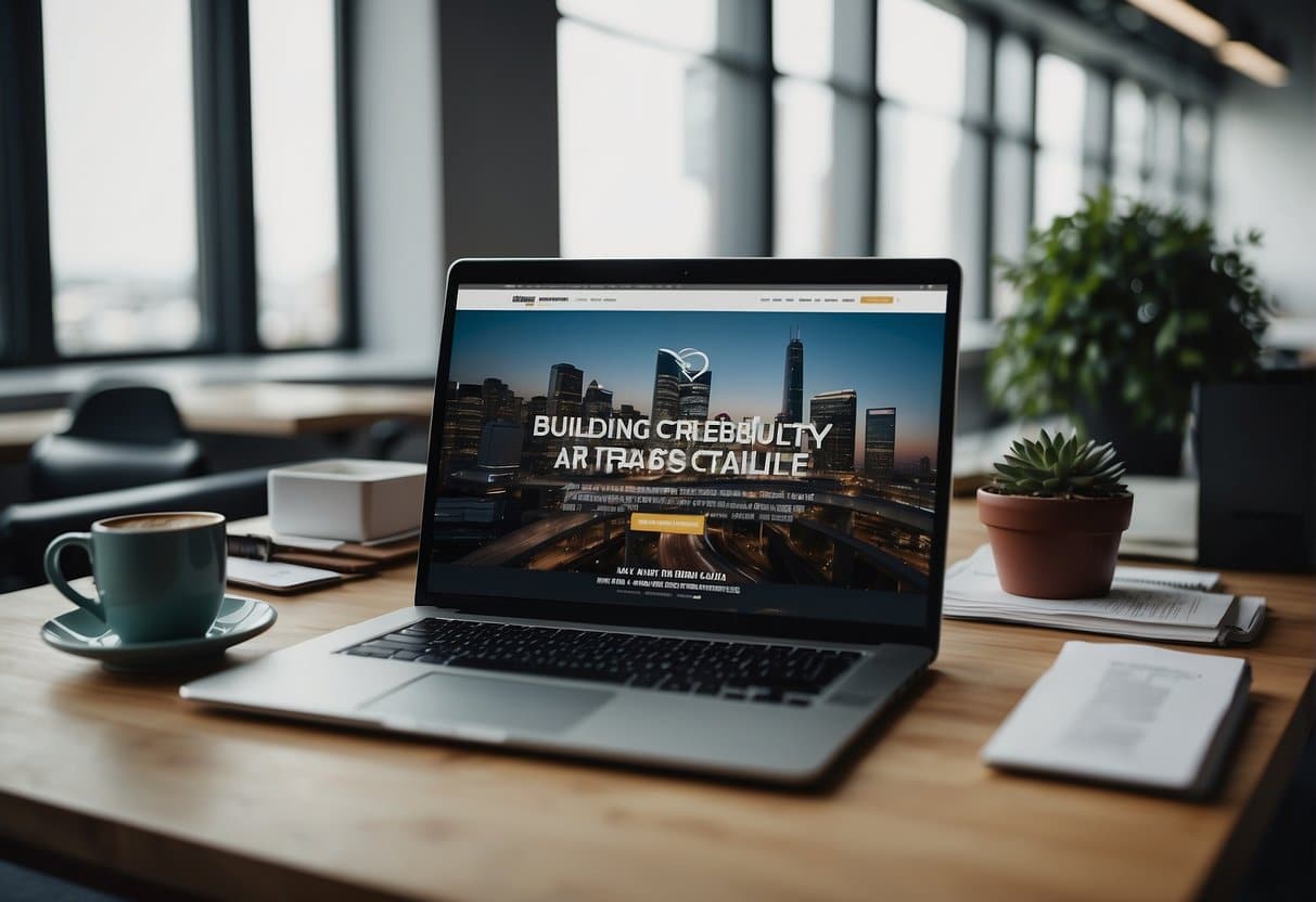 A logistics company's website with a blog post titled "Building Authority and Credibility SEO Best Practices" displayed on a computer screen, surrounded by relevant industry books and a professional office setting