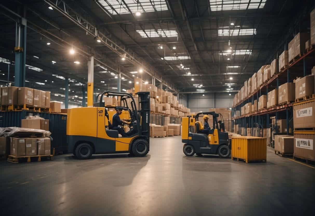 A bustling logistics warehouse with workers optimizing content for SEO, surrounded by shipping containers and delivery trucks