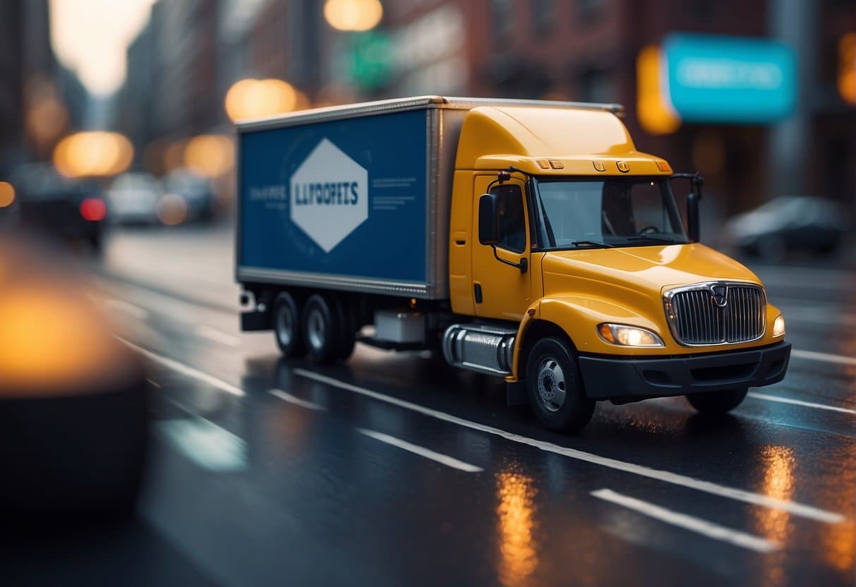A delivery truck navigates through a digital landscape of optimized keywords and links, leading to increased website traffic and customer conversions for logistics companies