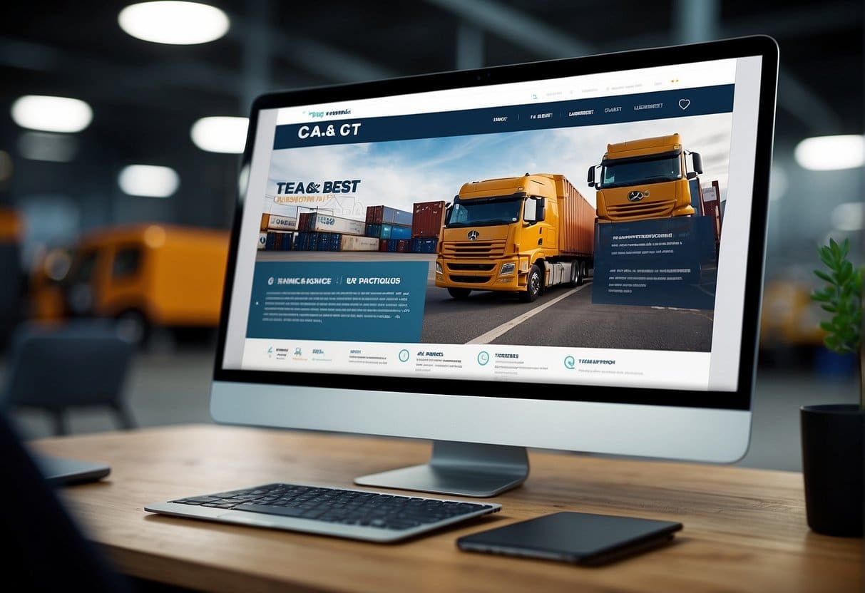 A logistics company website with FAQ section, SEO best practices highlighted, trucks and shipping containers in background